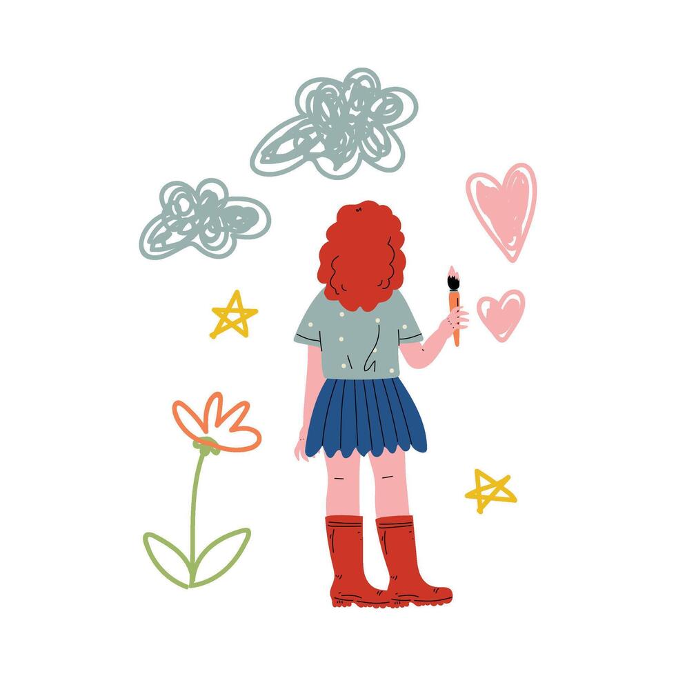 Cute Girl Painting on Wall with Color Paints and Brush, View From Behind Illustration vector