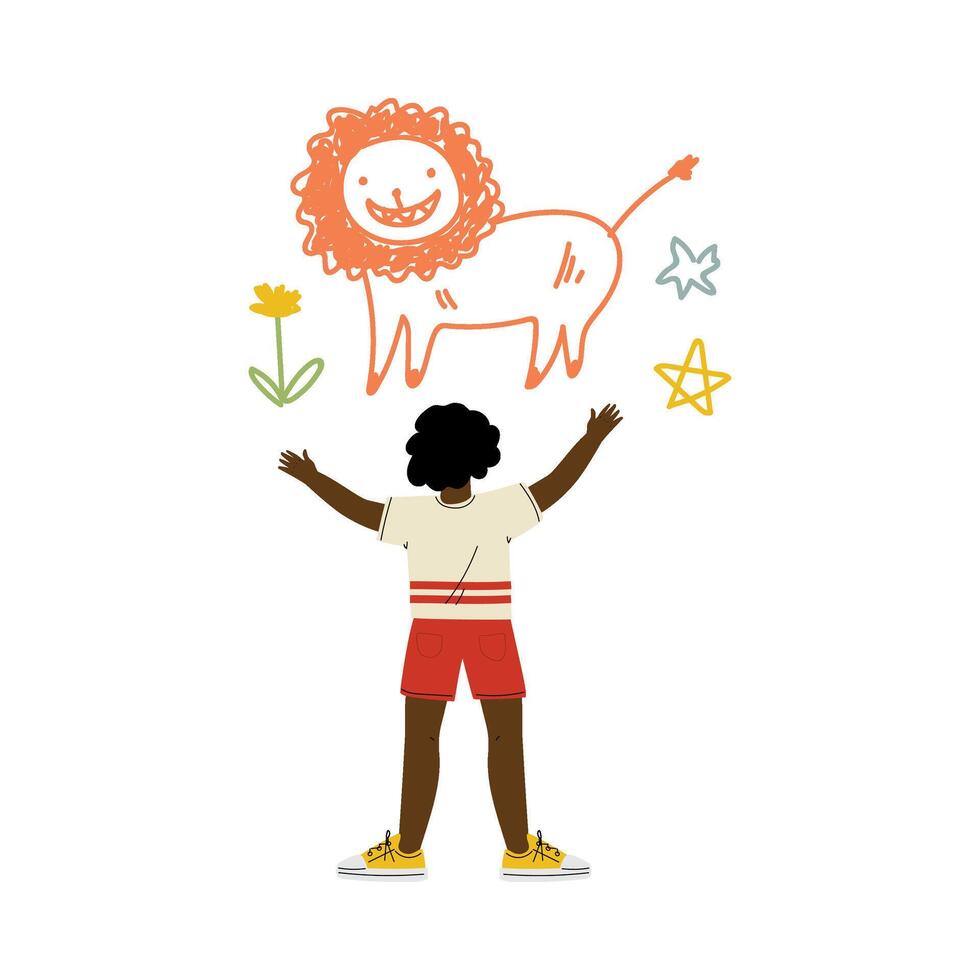 Cute African American Boy Drawing Lion on Wall, View From Behind Illustration vector