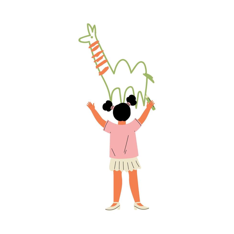 Cute Brunette Girl Drawing Camel on Wall Using Color Pencils, View From Behind Illustration vector