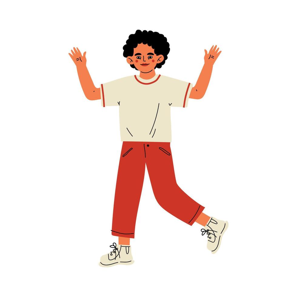 Brunette Cheerful Boy with Curly Hair Standing with Raising Hands Illustration vector