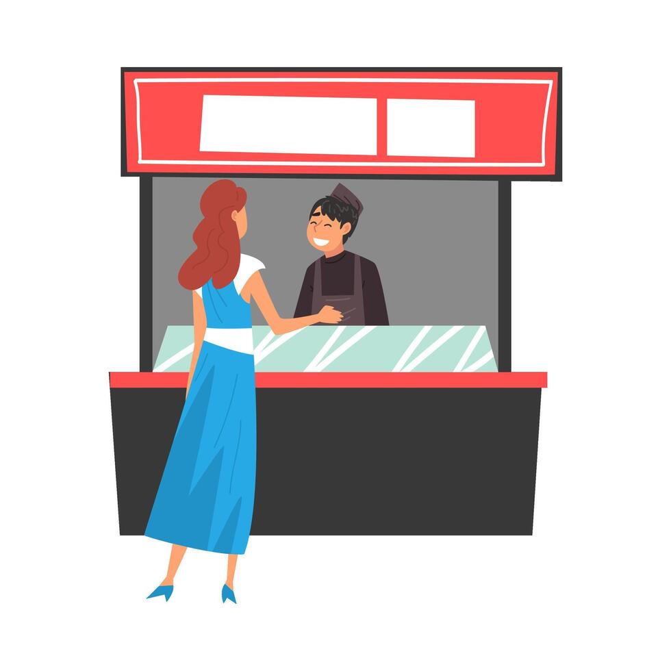 Girl Ordering and Buying Fast Food and Drinks in Food Court Kiosk in Shopping Mall Illustration vector