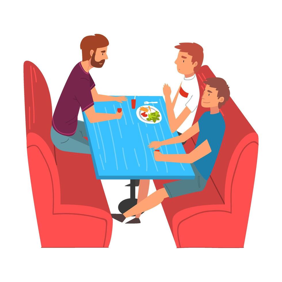 Young Men Eating and Talking Burgers in Food Court in Shopping Mall Illustration vector