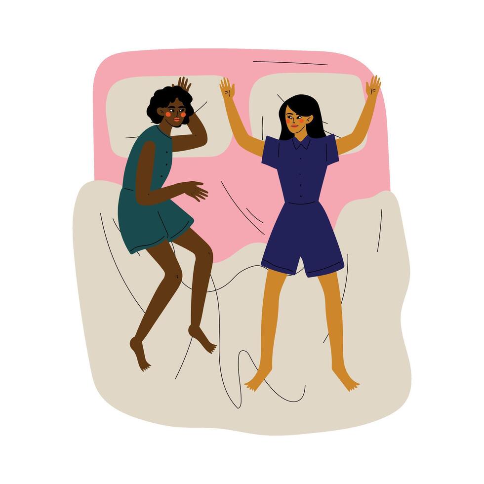 Two Young Woman Lying on Bed and Talking, Best Friends, People Enjoying and Having Fun Together Illustration vector