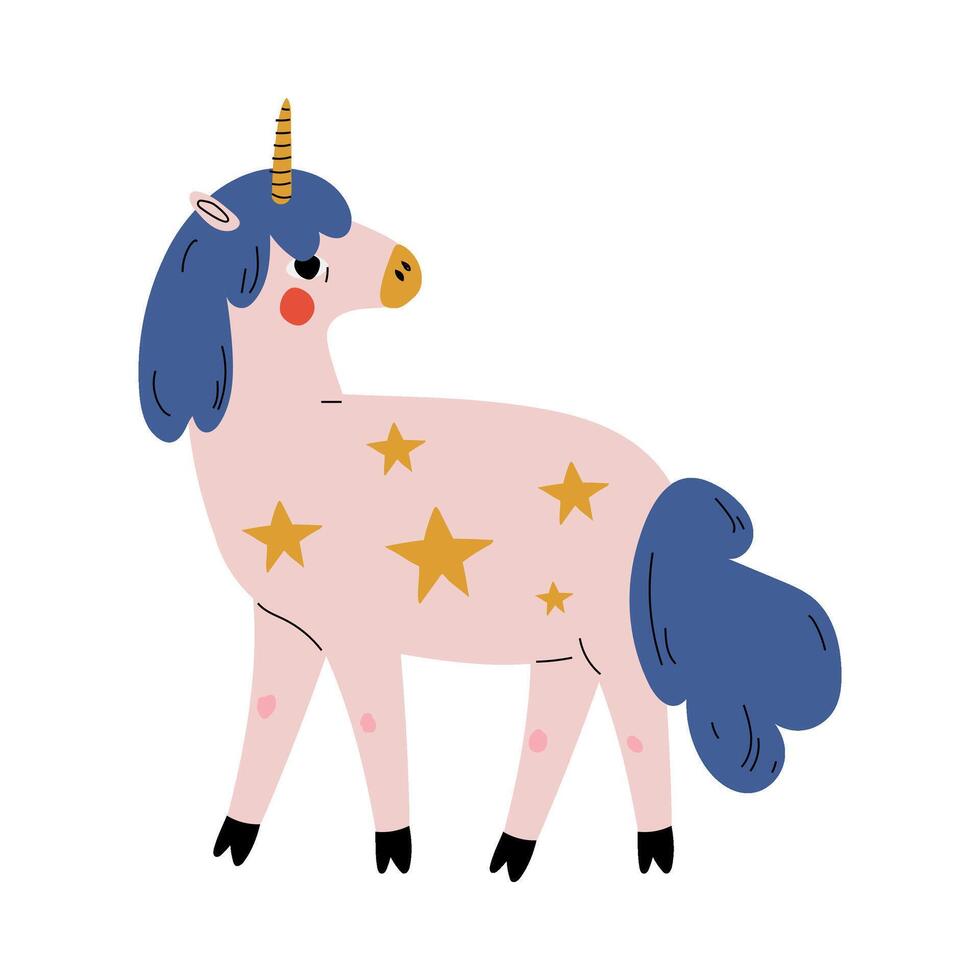 Cute Uncorn, Adorable White Fantasy Animal Character with Blue Tail and Mane Decorated with Stars Illustration vector