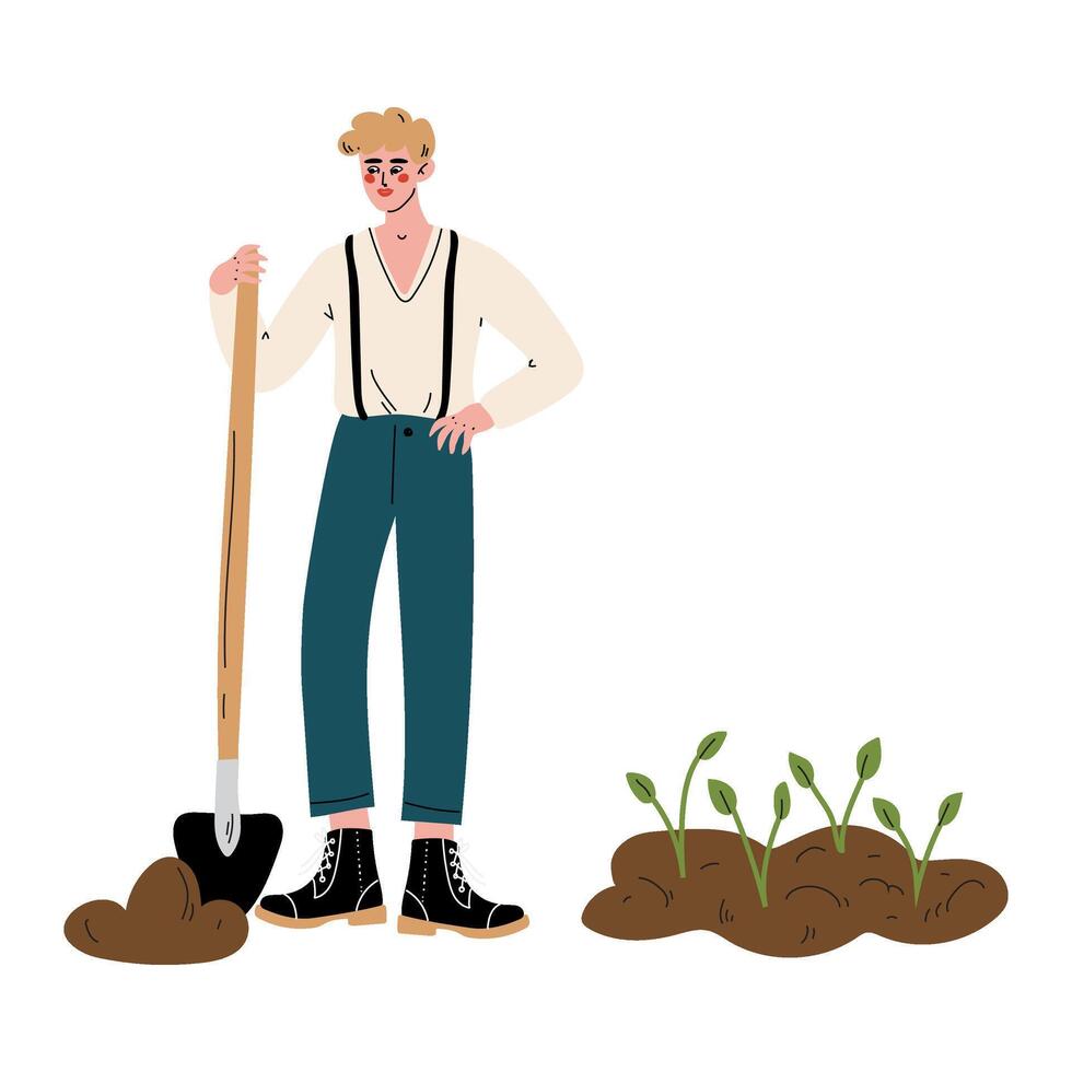 Young Man Standing with Shovel, Guy Working in Garden or Farm Illustration vector