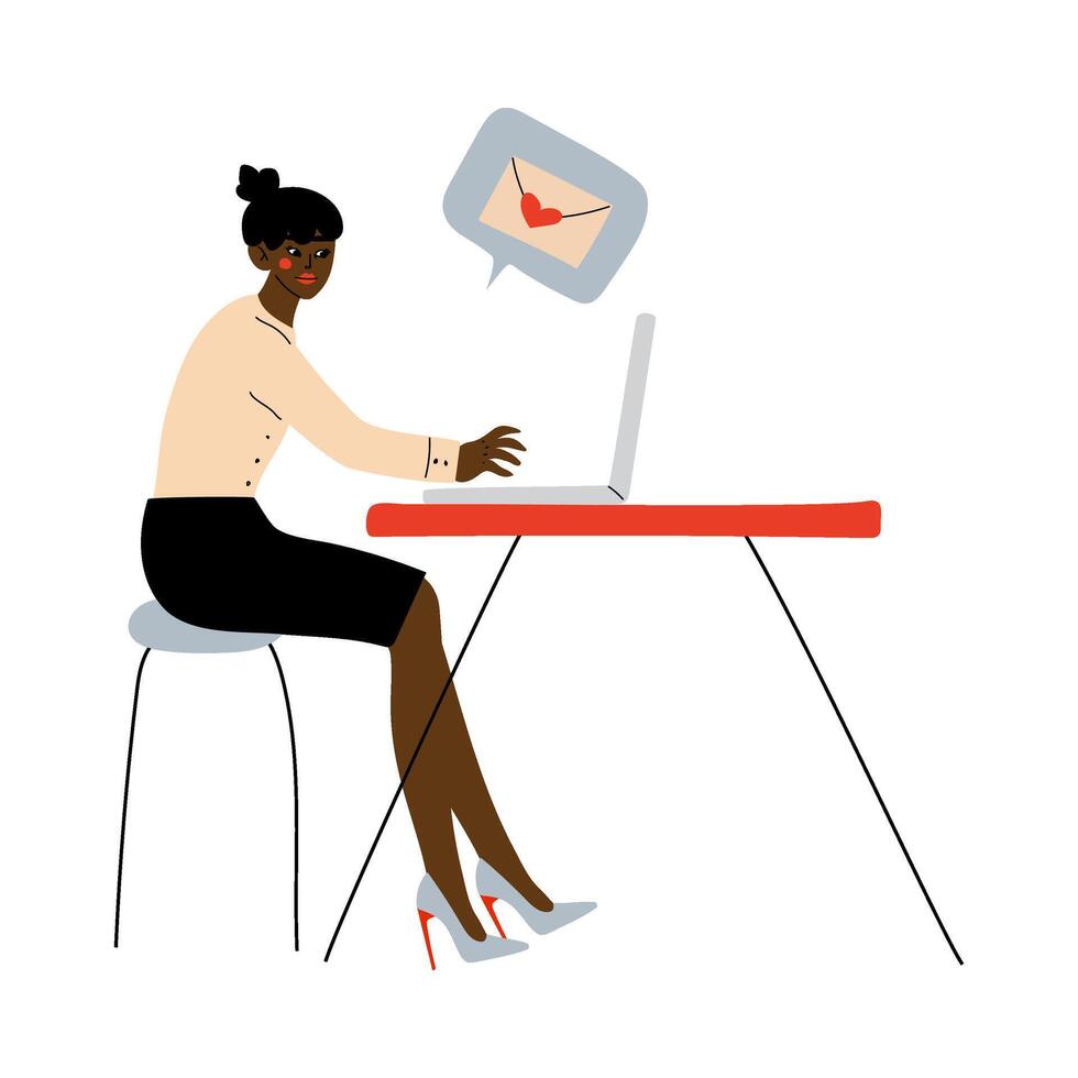 Online Dating, Beautiful African American Girl Using Laptop for Dating or Searching for Partner, Young Woman Sending Romantic Message to Her Boyfriend Illustration vector