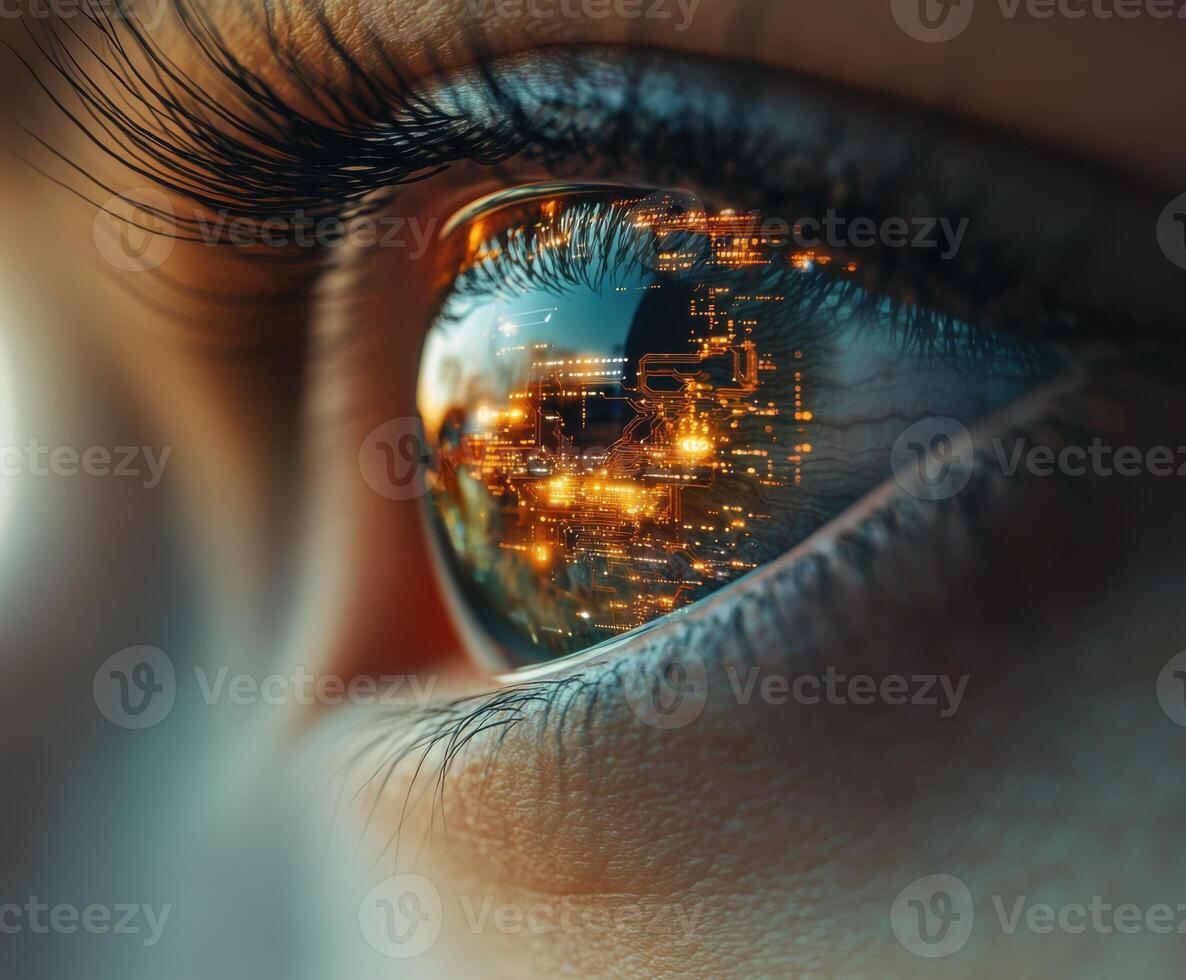 Reflection of technology in a human eye showcasing digital landscapes and circuits photo