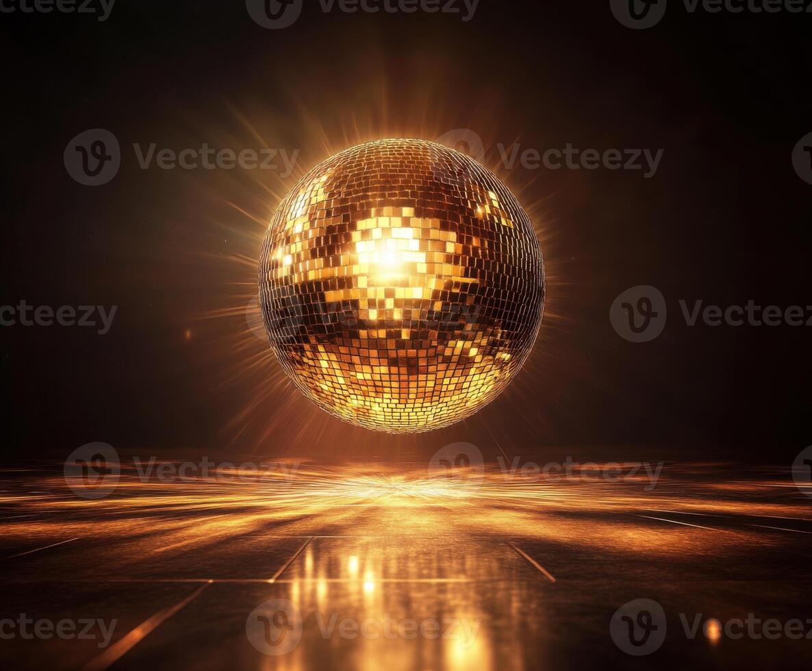 Bright gold disco ball reflects light, creating vibrant patterns on the dance floor in an elegant venue photo