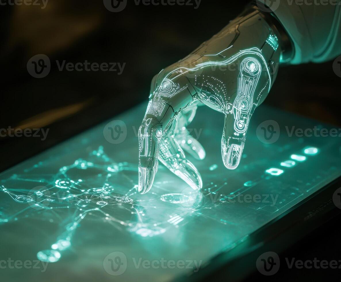 Futuristic robotic hand interacting with holographic interface in a high-tech environment photo
