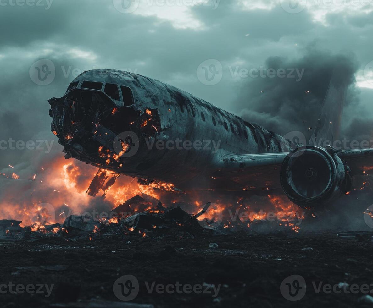 Debris from a plane crash smolders under dark clouds with flames engulfing the wreckage during twilight photo