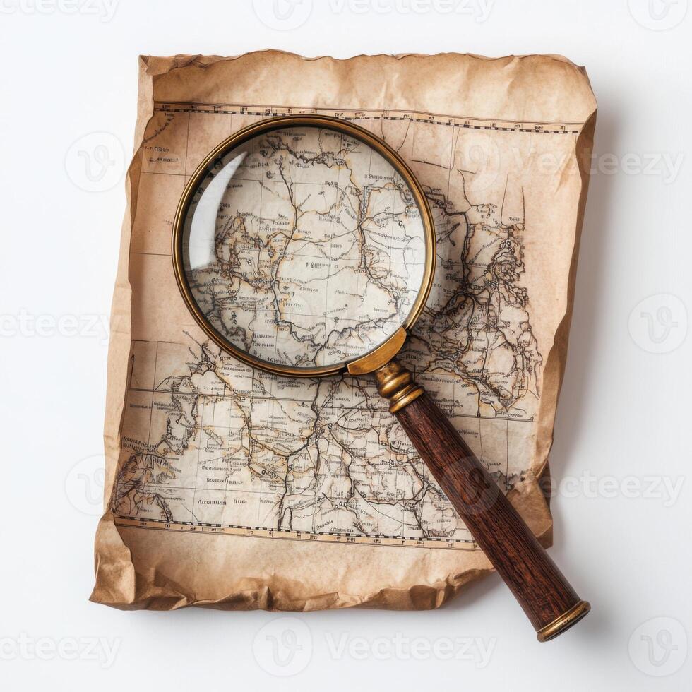 Detailed Old Map with Magnifying Glass Highlighting Geographic Features and Routes photo