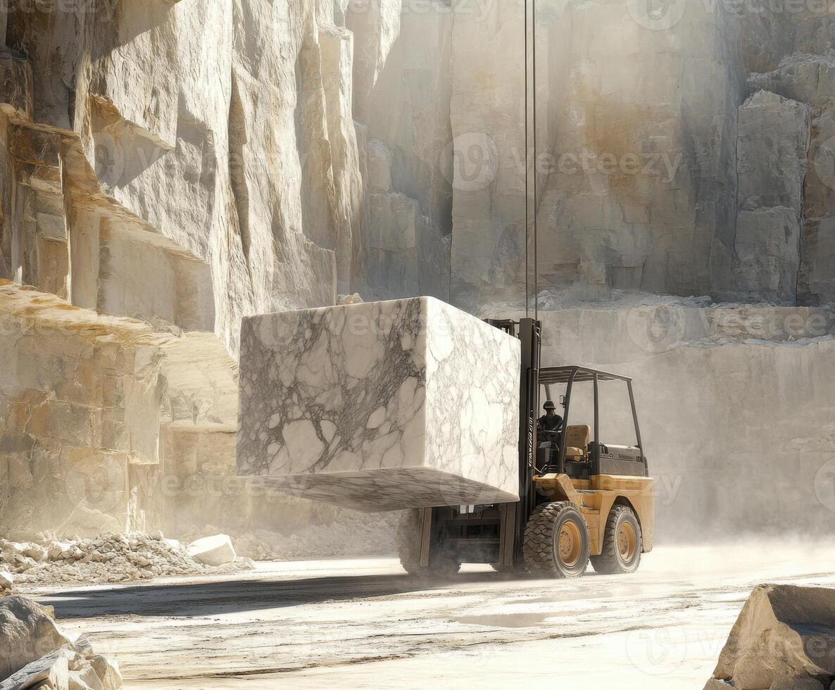 Heavy machinery lifts marble block in quarry during daylight hours photo