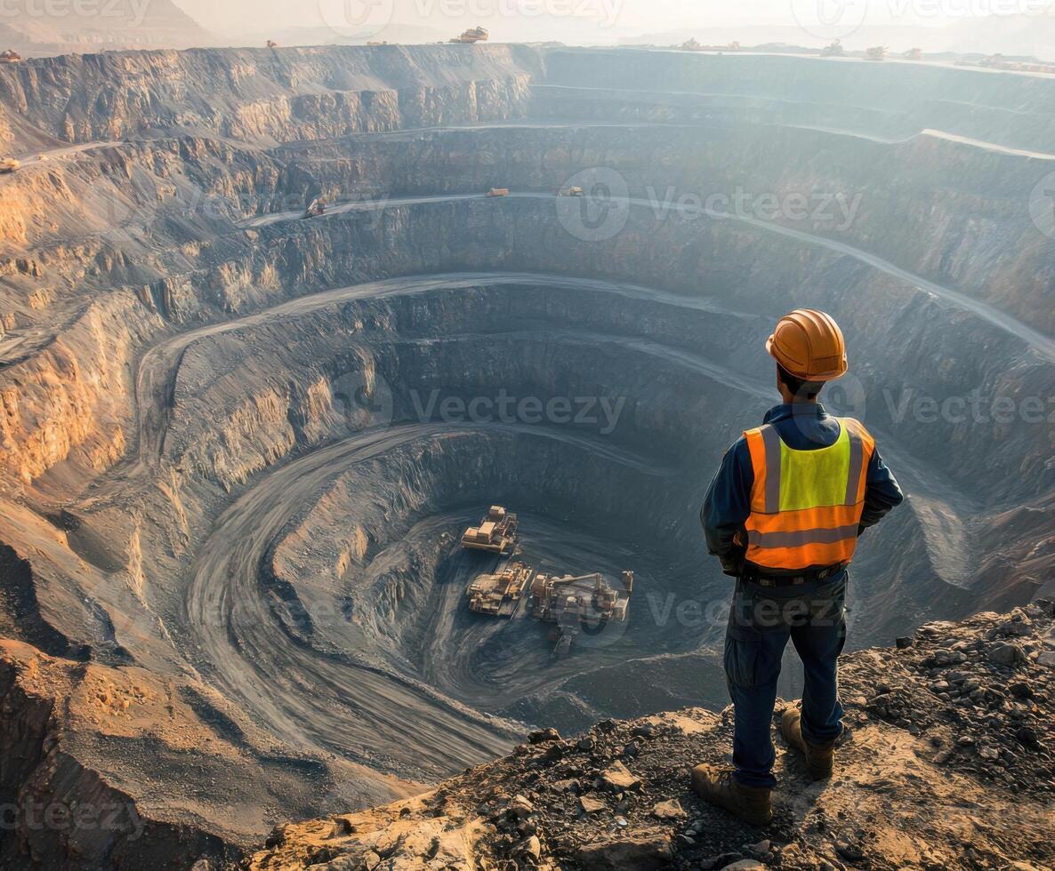 Worker surveys vast open-pit mine at sunrise while heavy machinery operates in the distance photo