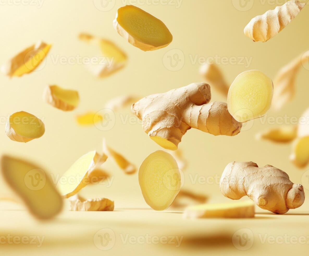 Floating ginger pieces create an eye-catching display against a soft yellow background photo