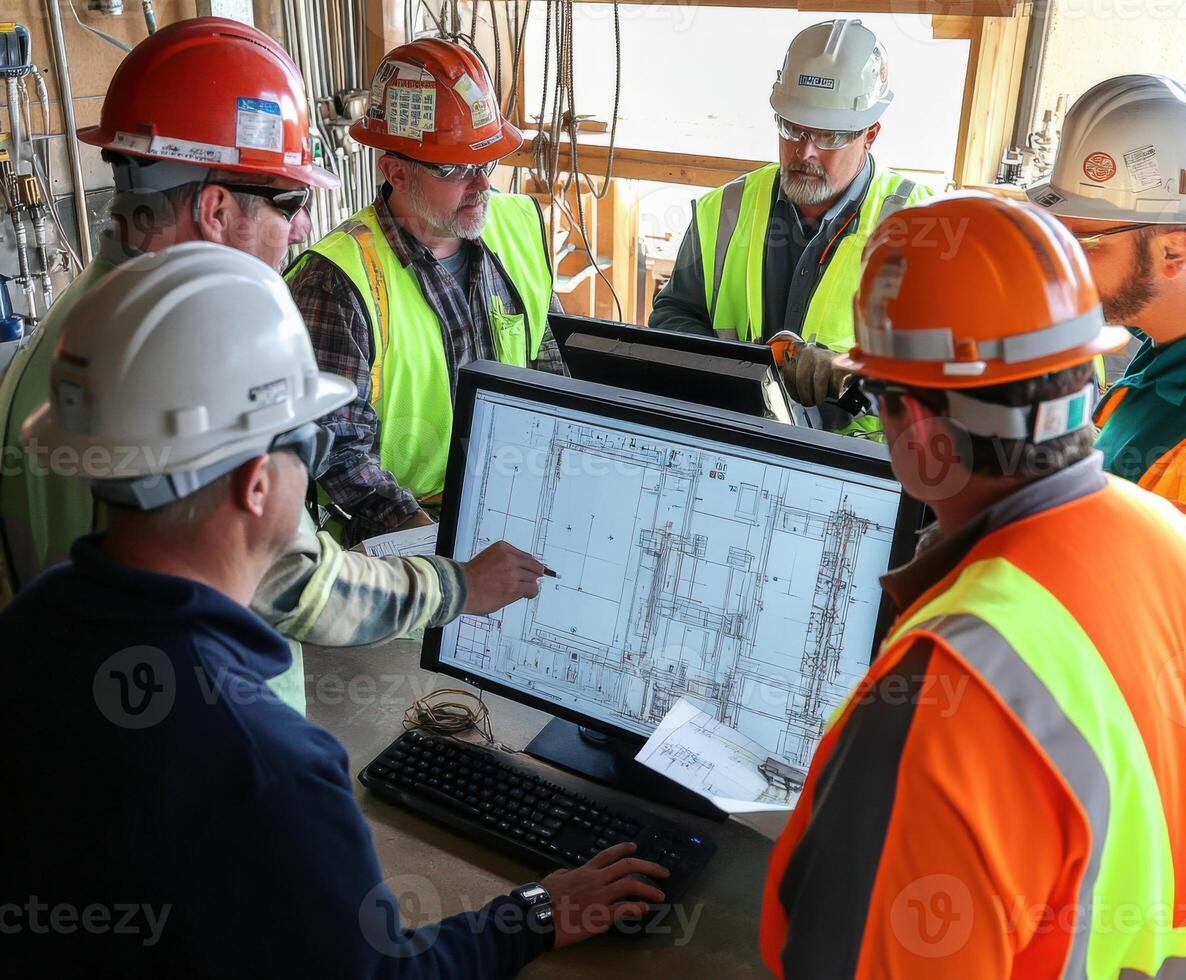 Construction team reviewing architectural plans in a workspace during daylight hours photo