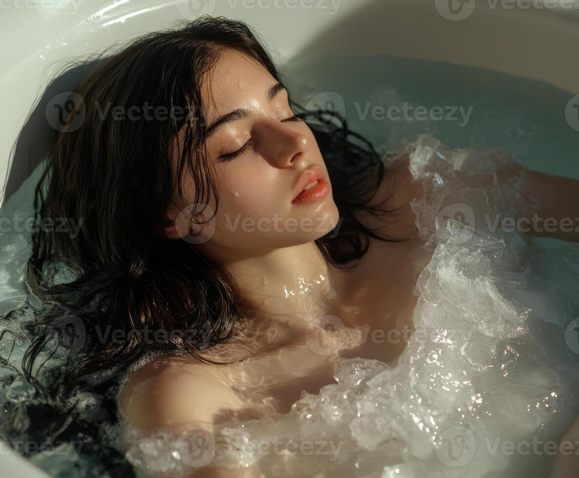 Relaxing bath with soft bubbles featuring a young woman immersed in warmth and tranquility at sunset photo