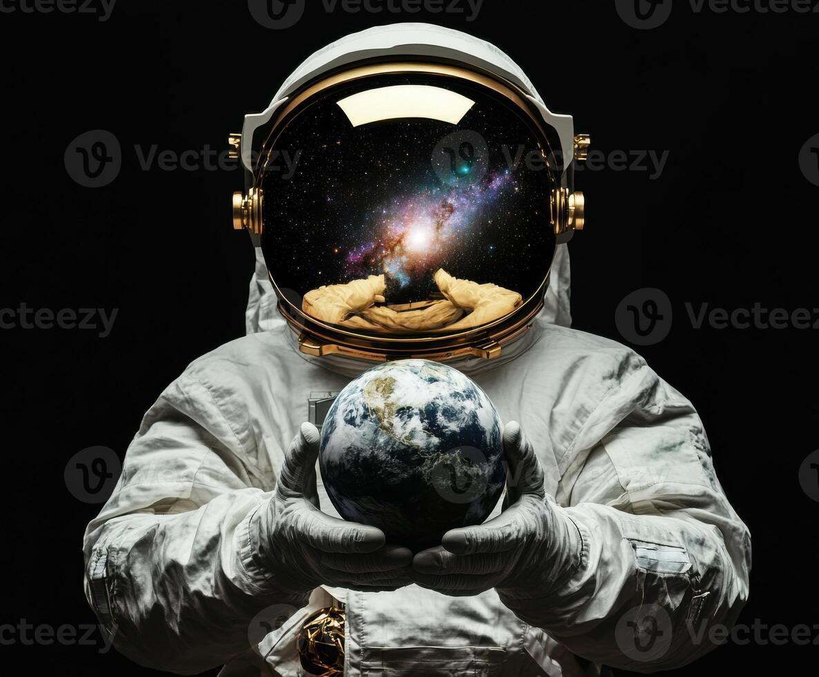 Astronaut holding Earth with cosmic galaxy reflection in helmet in a dark setting photo
