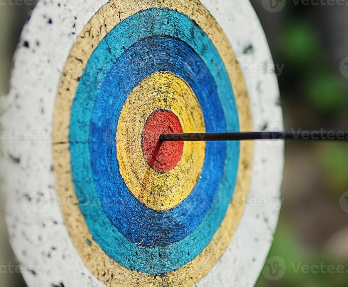 Archery target with a perfectly placed arrow in the center highlighting skill and focus during practice photo
