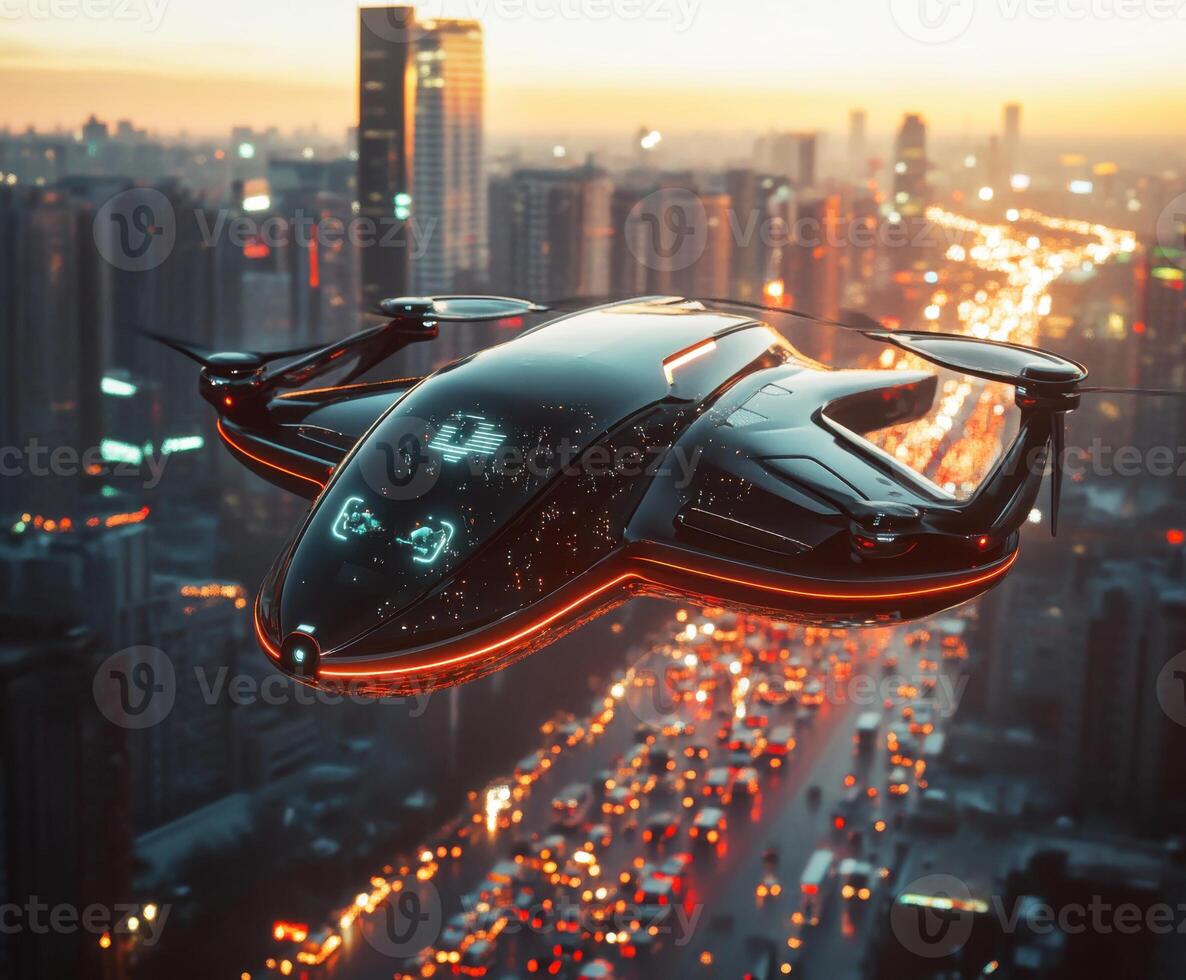 Futuristic flying vehicle navigates a bustling city during sunset, showcasing advanced technology and urban life photo