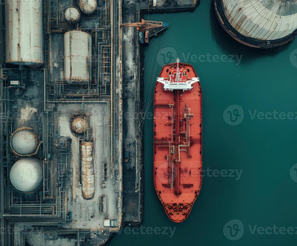Large red cargo ship docked at industrial port with storage tanks and cranes visible from above in daytime photo