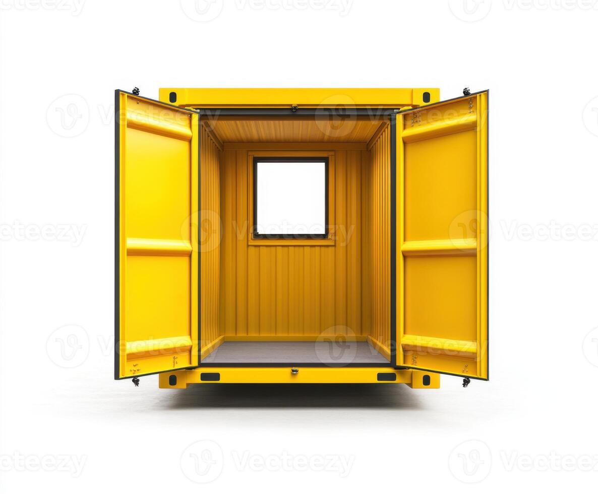 Yellow shipping container with open doors revealing an empty interior and a window photo