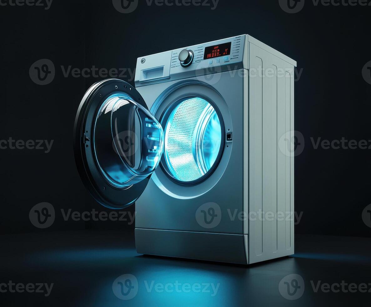 Modern washing machine showcases advanced technology and sleek design with an illuminated door photo