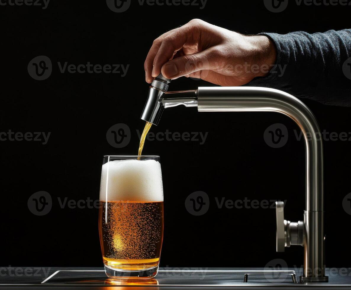 Pouring a refreshing glass of beer from a tap in a dimly lit bar during the evening photo