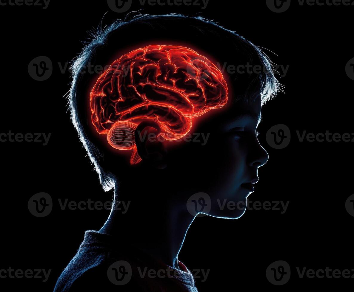 Child's silhouette with glowing brain illustration symbolizing intelligence and creativity in a dark setting photo