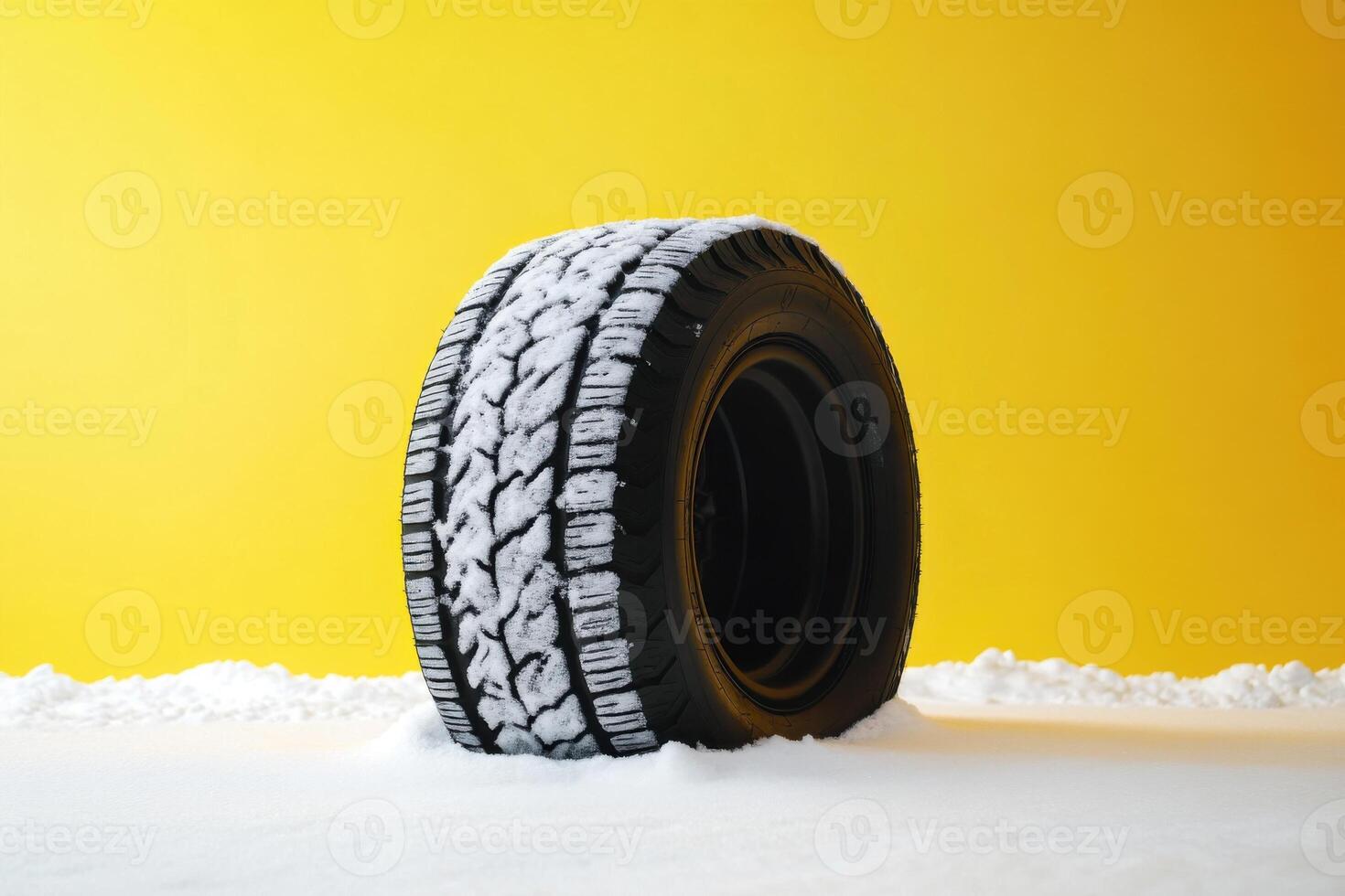 Snow-covered tire against a bright yellow background in a winter setting photo