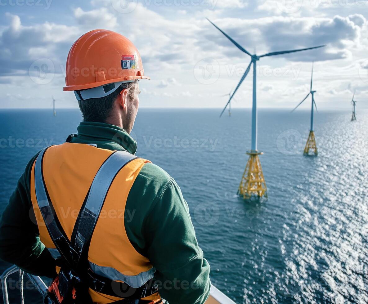 Offshore worker inspects wind turbines under cloudy sky during daylight hours in open water photo