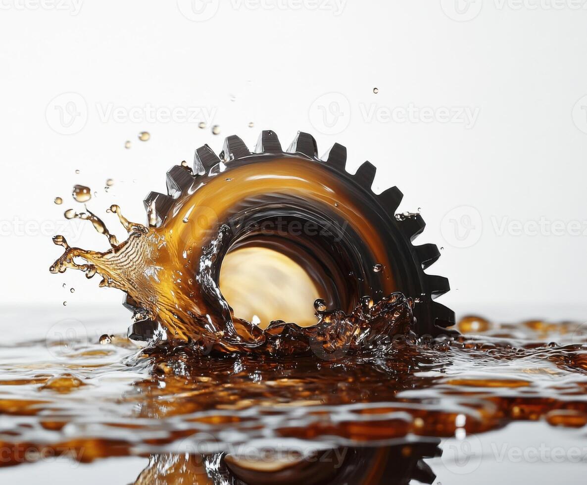 Motor oil splashes around a metal gear submerged in a dark liquid creating dynamic patterns and textures photo