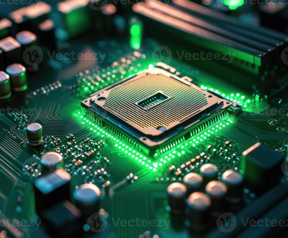 Close examination of a microprocessor on a circuit board illuminated by green lights in a technology lab photo
