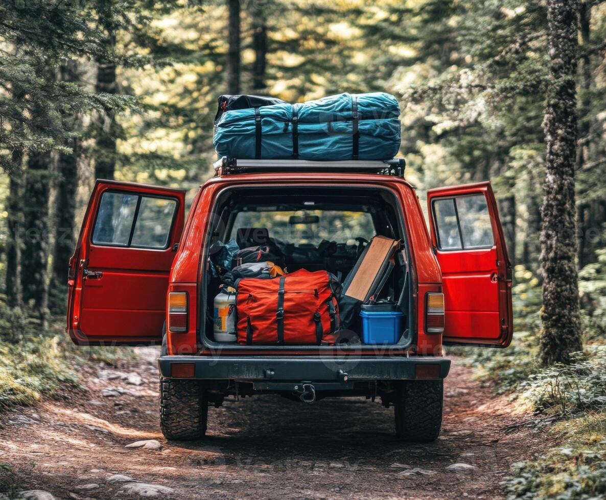 Back of a red truck loaded with camping gear in a forest setting during the day photo