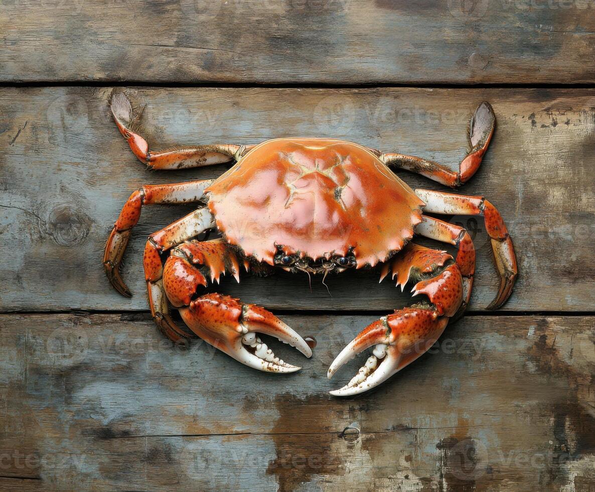 Vibrant red crab resting on weathered wooden surface in a coastal setting photo