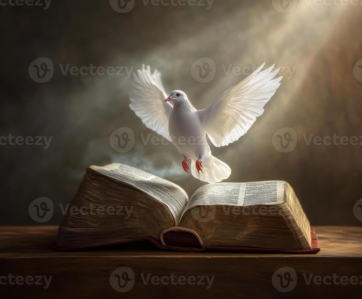 Dove takes flight above an open book in a dimly lit setting, symbolizing peace and knowledge photo