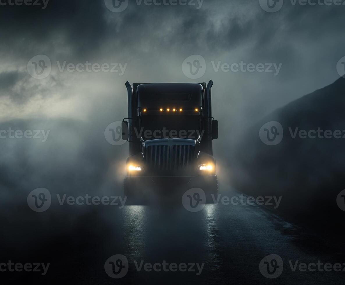 Truck navigating through foggy countryside at night, headlights piercing through misty darkness photo