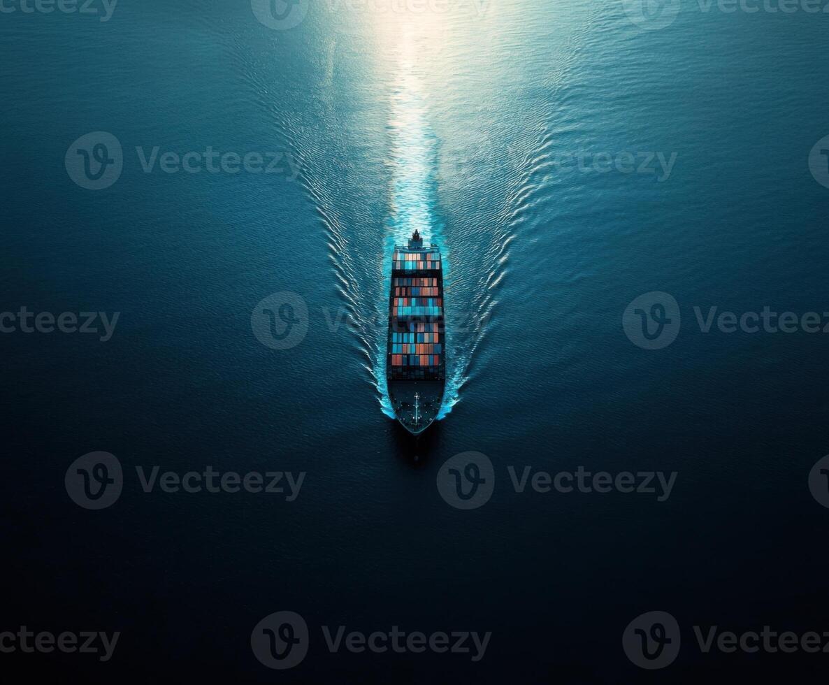 Cargo ship navigates through calm waters at dusk with a trail of ripples and illuminated containers photo