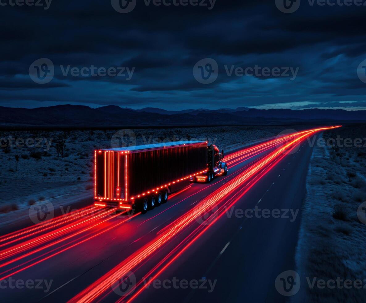 Bright trails of light from a truck driving on a desert highway at night with dramatic clouds overhead photo