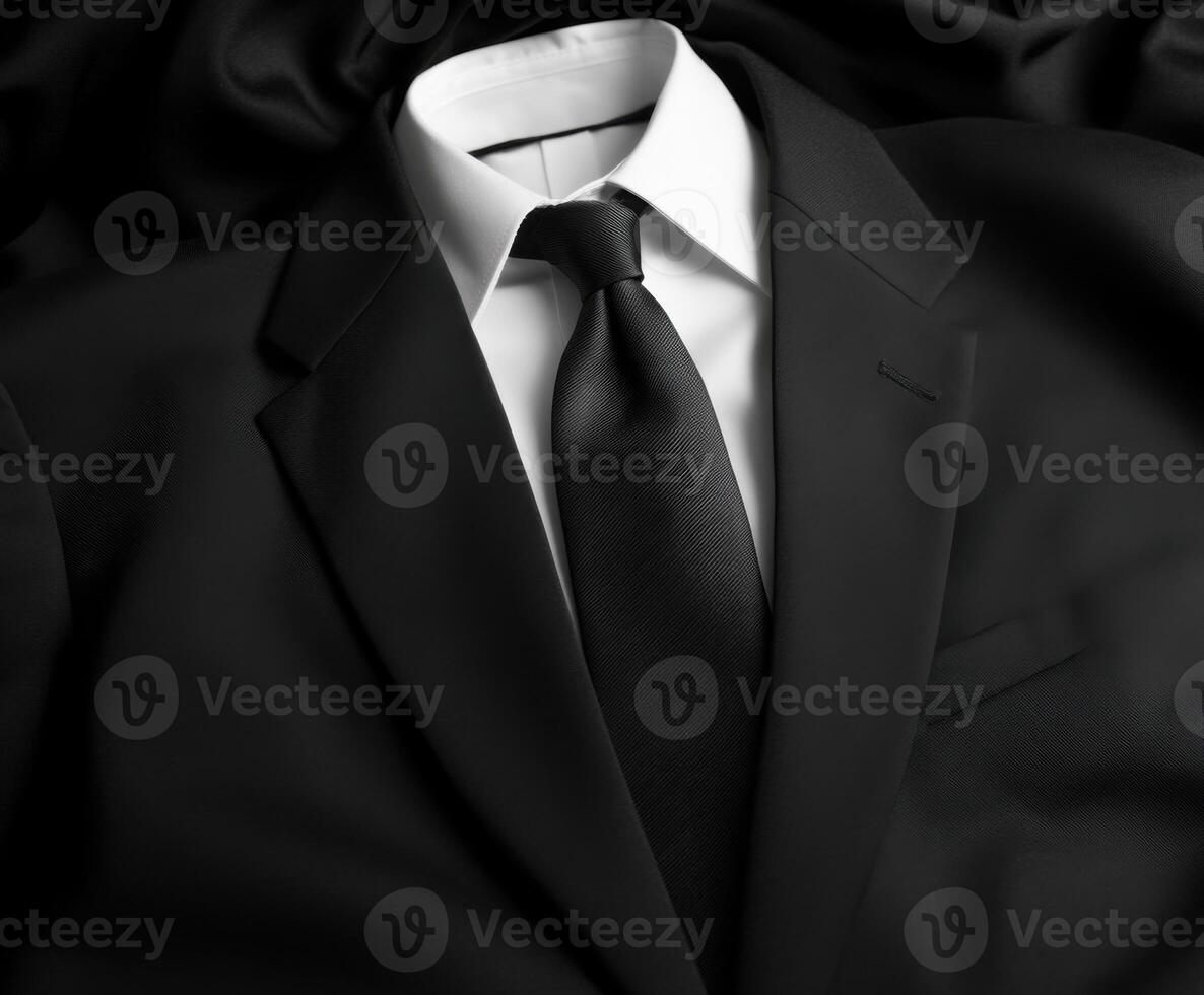 Elegant black suit and tie displayed on dark fabric background showcasing minimalistic fashion design concepts photo