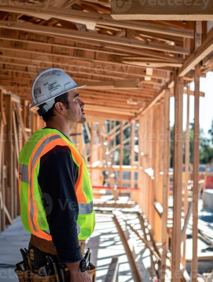 Construction worker in safety gear observes building progress at a construction site in bright sunlight photo