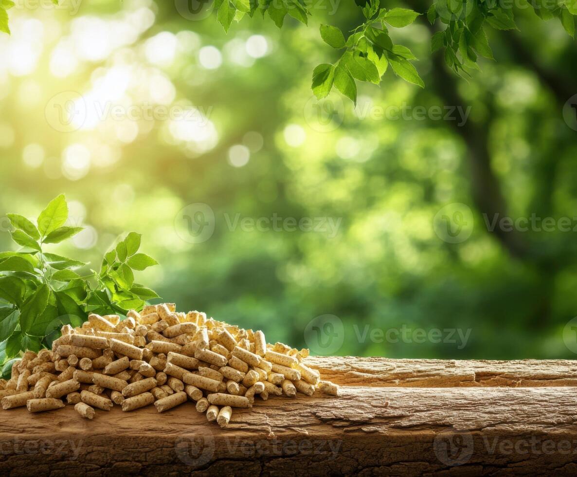 Wood pellets placed on a wooden surface in a forest setting during sunny daylight hours photo