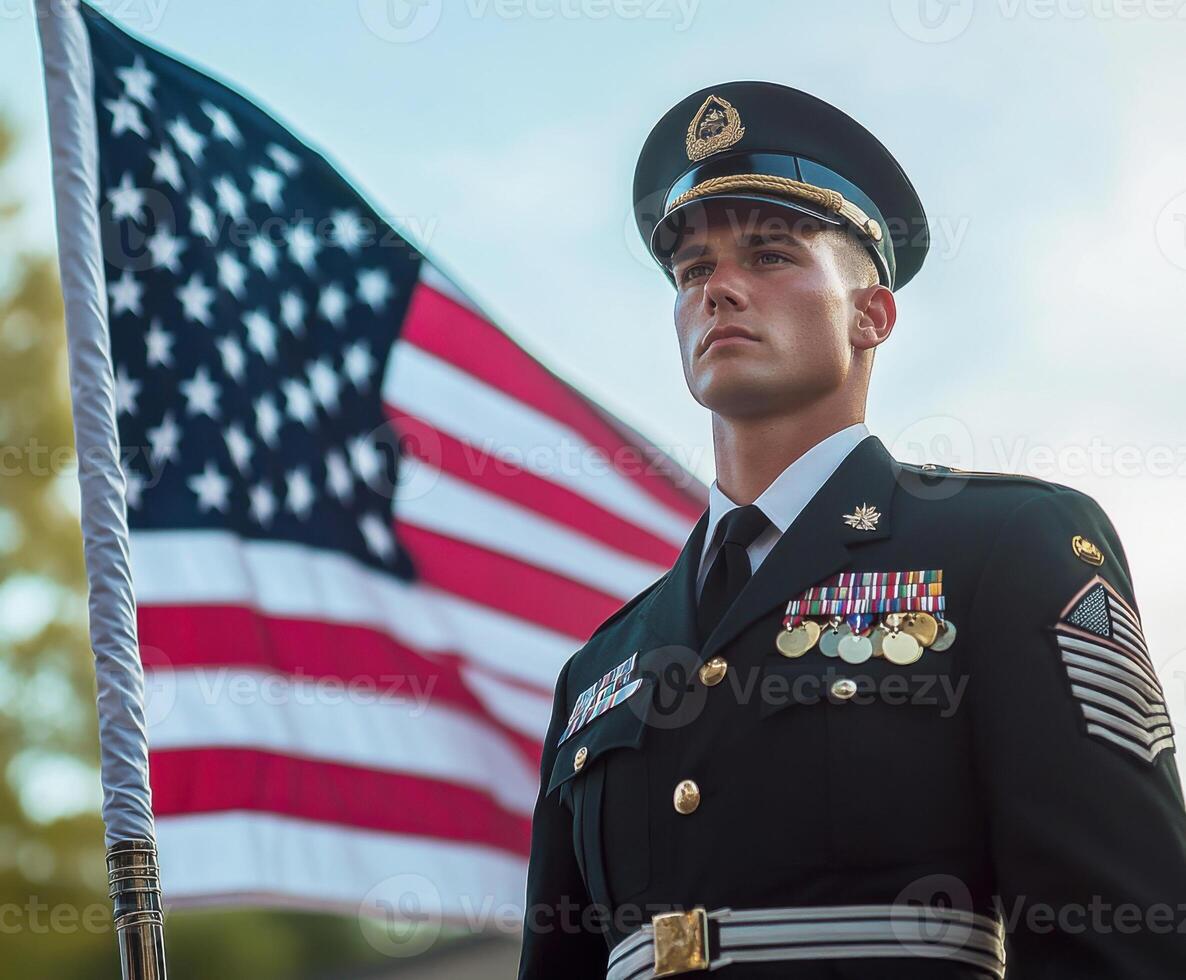 Honor guard member stands proudly with American flag during ceremonial event in bright daylight photo