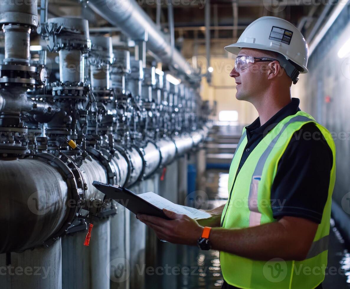 Engineer conducts inspection in industrial facility on a sunny day while reviewing data and ensuring system efficiency photo
