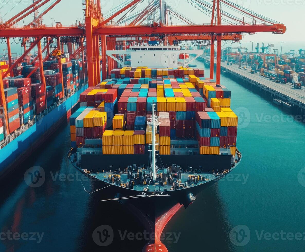 Large cargo ship loaded with colorful containers at busy shipping port during daytime photo