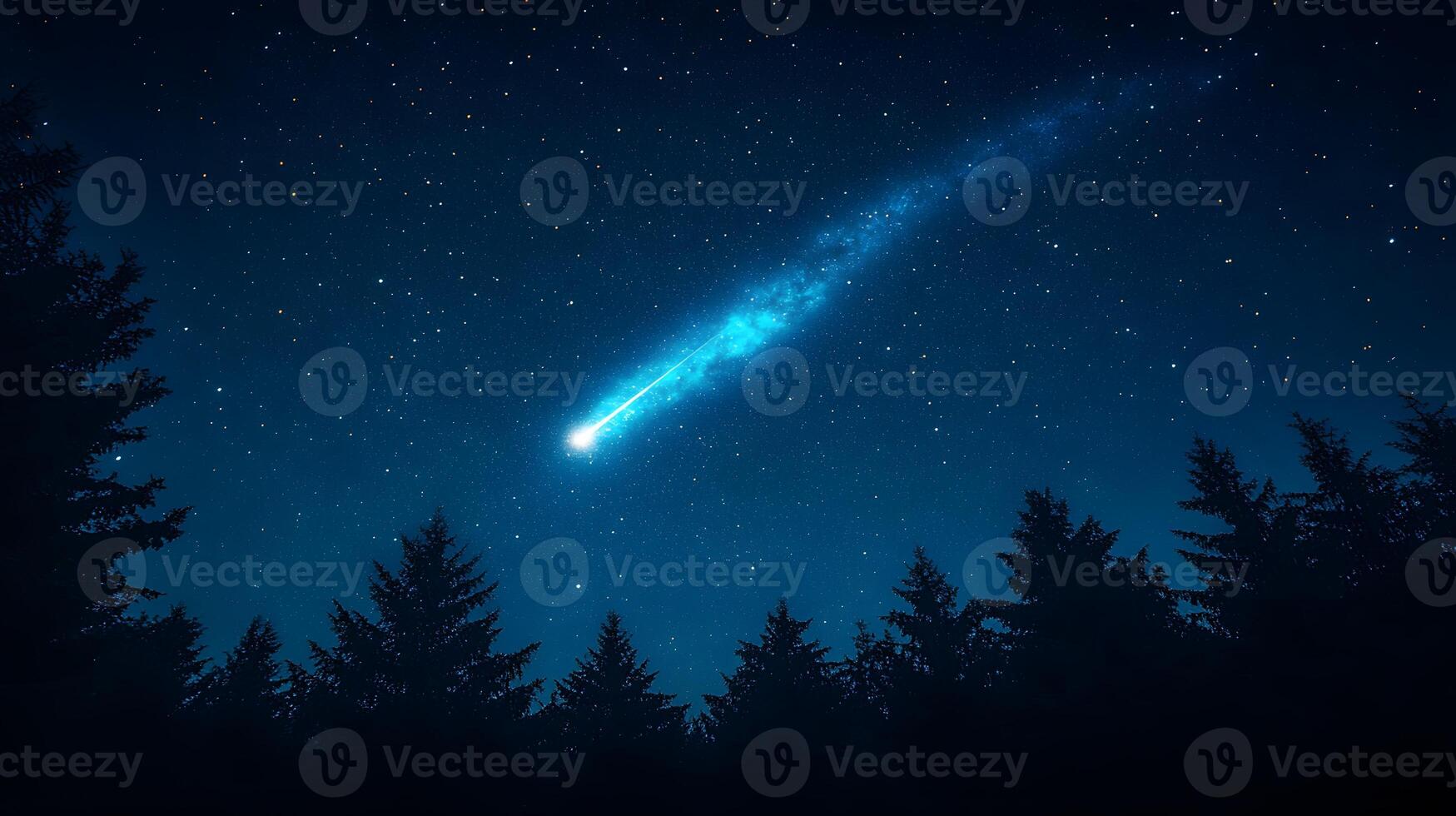Bright comet streaks through night sky with brilliant blue starry atmosphere above silhouetted forest treeline, capturing celestial phenomenon in mystical astronomical photography. stars photo