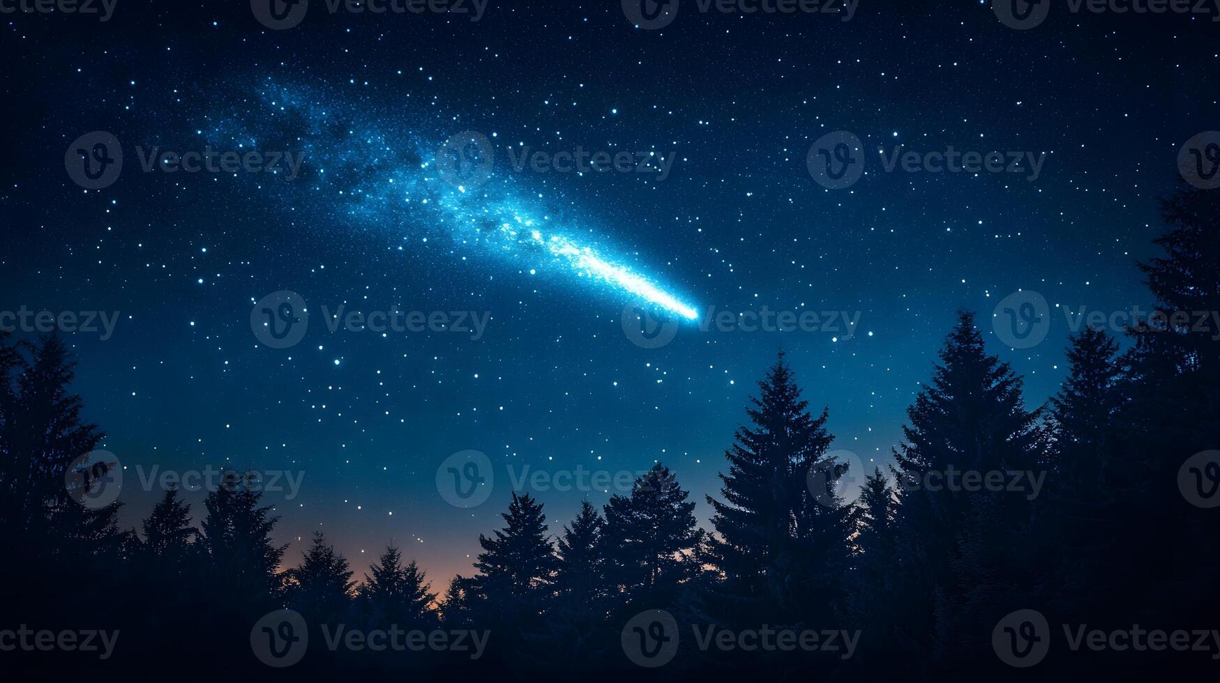 Bright comet streaks through night sky with brilliant blue starry atmosphere above silhouetted forest treeline, capturing celestial phenomenon in mystical astronomical photography. night photo
