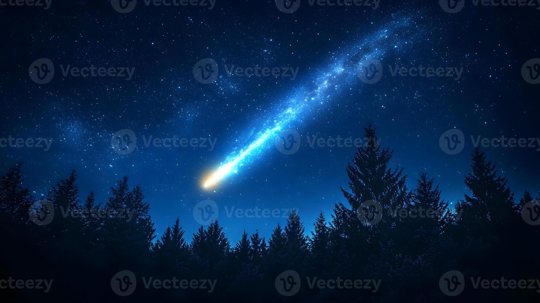 Bright comet streaks through night sky with brilliant blue starry atmosphere above silhouetted forest treeline, capturing celestial phenomenon in mystical astronomical photography. phenomenon photo