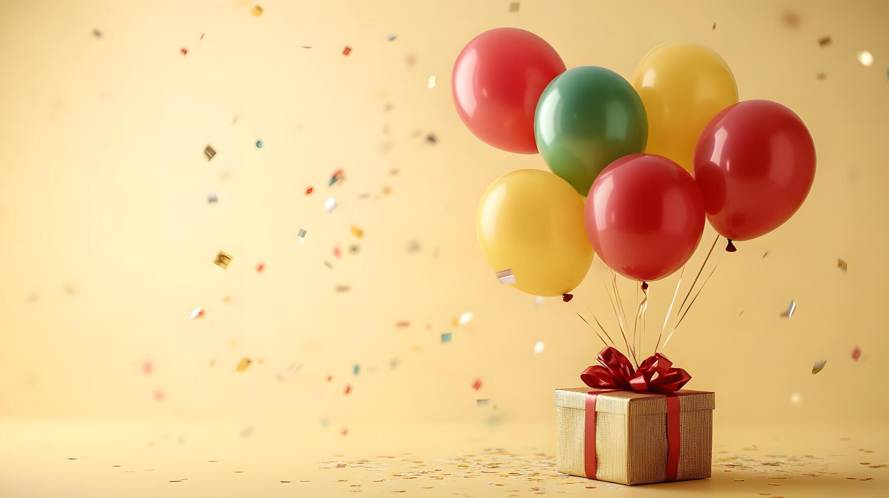 Colorful party balloons in red, yellow, and green latex surround wrapped gift box with ribbon, creating festive atmosphere against light yellow background with bokeh light effects. party photo