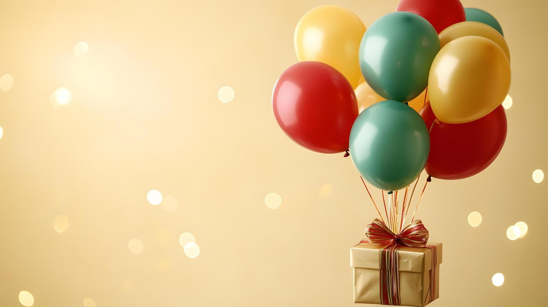 Colorful party balloons in red, yellow, and green latex surround wrapped gift box with ribbon, creating festive atmosphere against light yellow background with bokeh light effects. gift photo