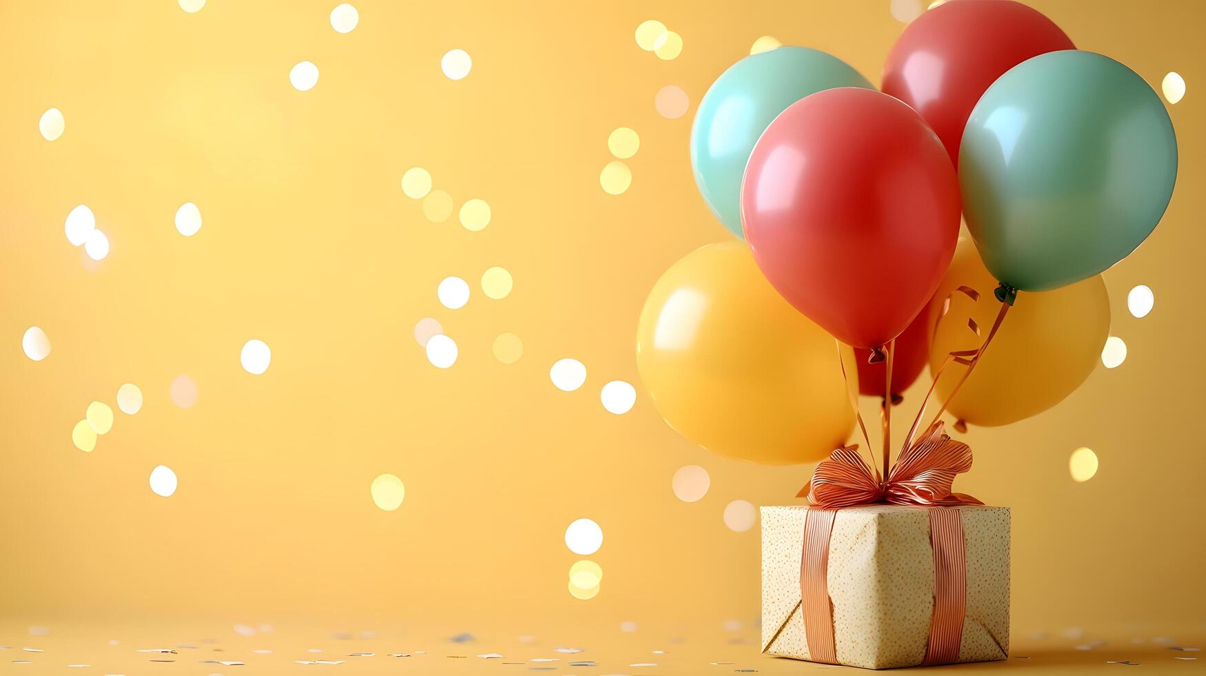 Colorful party balloons in red, yellow, and green latex surround wrapped gift box with ribbon, creating festive atmosphere against light yellow background with bokeh light effects. celebration photo